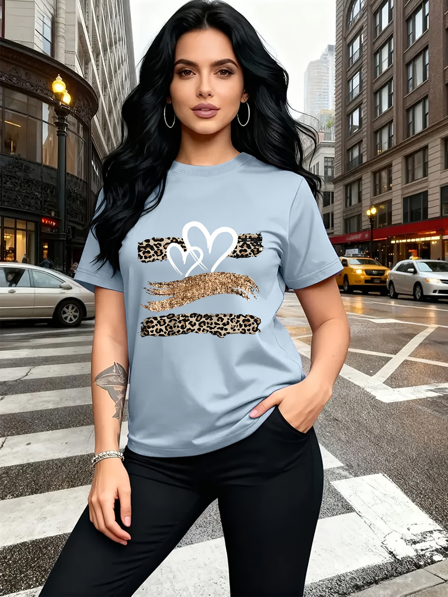 Leopard Print Heart Glitter-themed Pattern Print, Fashionable Breathable T-shirt, for Family Travel,, Casual S, Daily Commutes, Matching Outfits for Sisters, Versatile T-shirt 30057 - Light Blue