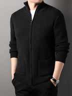 Autumn Winter Knit 3D Solid Mid-High Neck Sweater, Basic Knit Cardigan for Men, Fashionable Long-Sleeve Jacket, Monj - Black