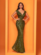 Elegant Beaded Mature Sleeveless Fishtail Dress Summer Party Dinner Formal High-end Luxury Bridesmaid Dresses V-Neck Wedding Mom Dress Sexy Tank Long Skirt - Olive