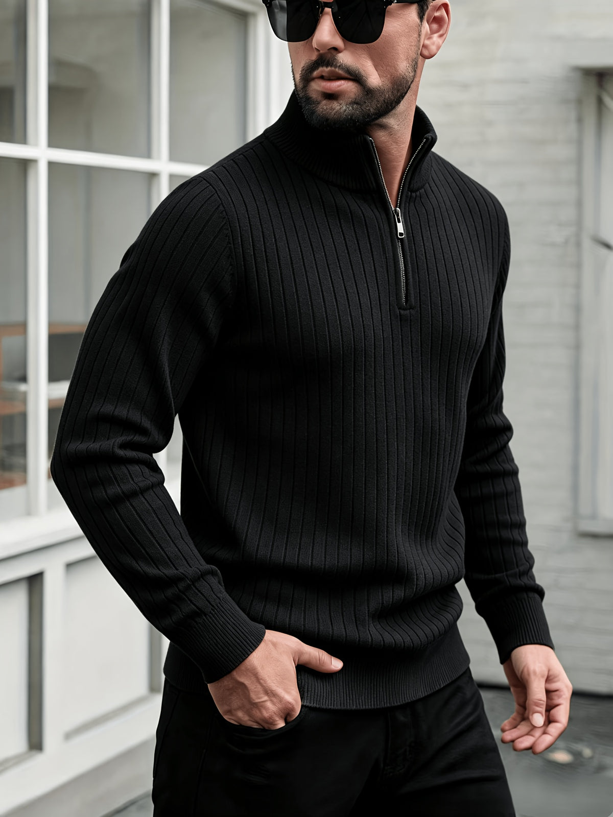 Men'S Stand Collar Half-Zip Sweater for Autumn And Winter, Versatile Long Sleeve Top, Warm And Comfortable Half-Placket Long Sleeve Sweatshirt, Classic Versatile Casual Pullover, Suitable for Daily Leisure And Street Strolls - Black