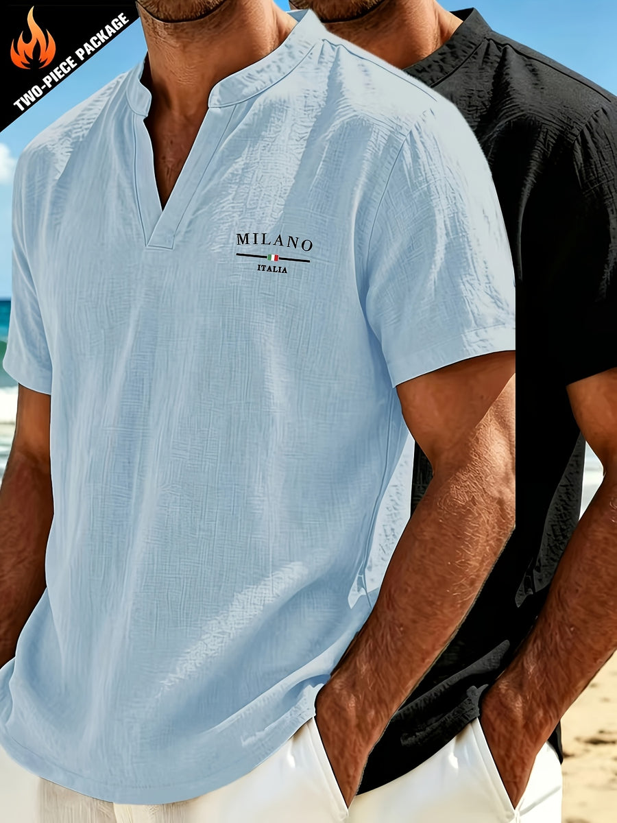 2pcs Men's Linen Outdoor Short Sleeve Vintage Linen Casual Fashion Loose Fit Breathable Comfortable V-Neck Shirt, Suitable for Daily Leisure, Outings, Travel, and Beach - Sky Blue+Black