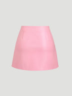 Elegant Vintage High-Waisted Pleated Brazilian PU Side Slit Flared A-Line Mini Skirt for Women, Y2K Clothing - Pink