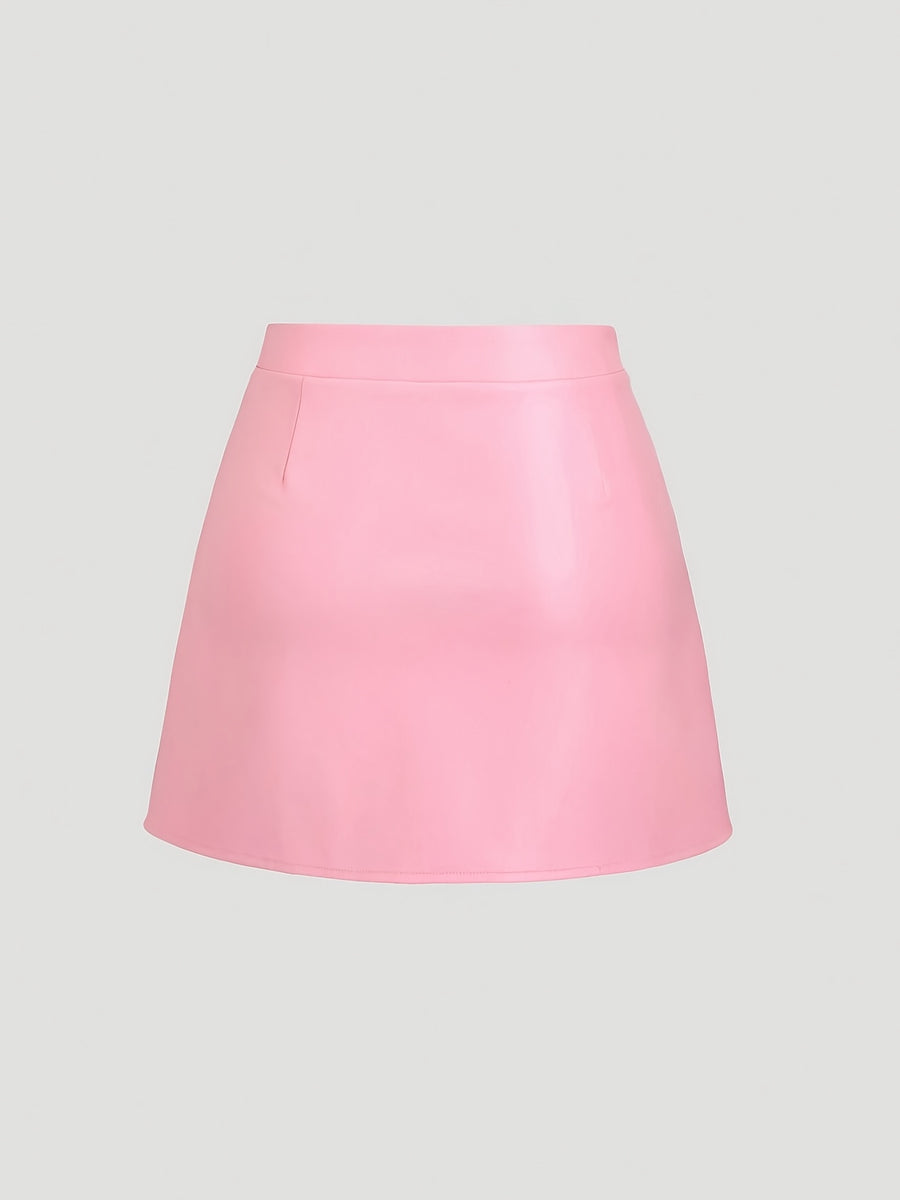 Elegant Vintage High-Waisted Pleated Brazilian PU Side Slit Flared A-Line Mini Skirt for Women, Y2K Clothing - Pink