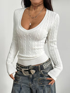 Women'S Spring/Summer Elegant Casual Ribbed V-Neck Long-Sleeved Slim Top - White