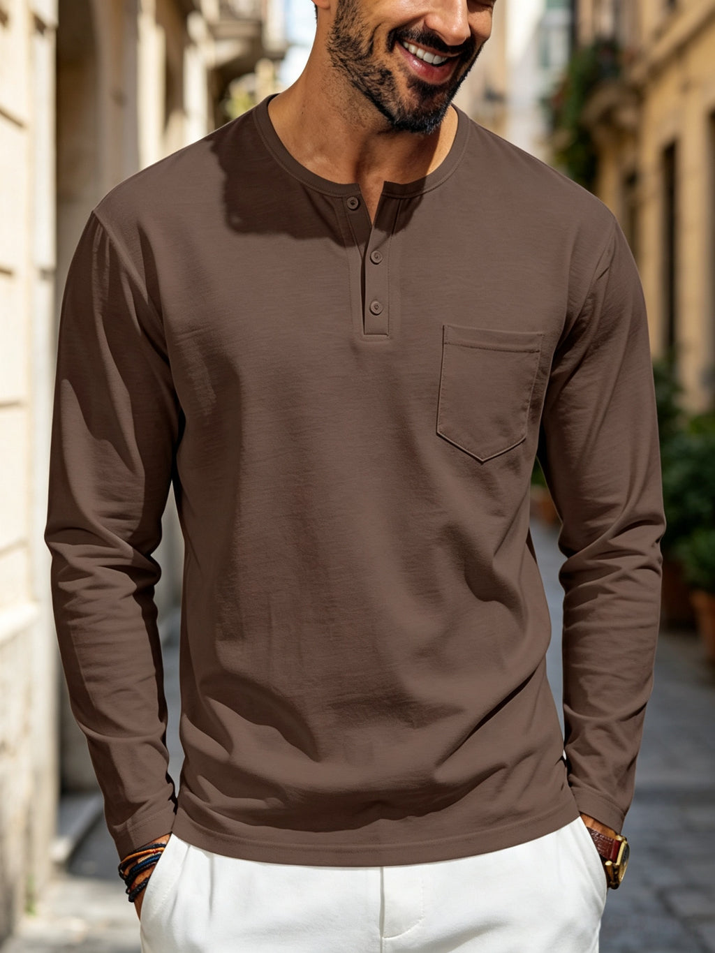 Men's Henley Long Sleeve T Shirts, Solid Color Crew Neck Pullover Tops with Chest Pocket, Breathable Soft Casual Loose Fit Long Sleeve Shirts, All Seasons Basic Undershirt for Daily Commute Outdoor, Versatile Minimalist Men Clothing Multiple Sizes& - Brown
