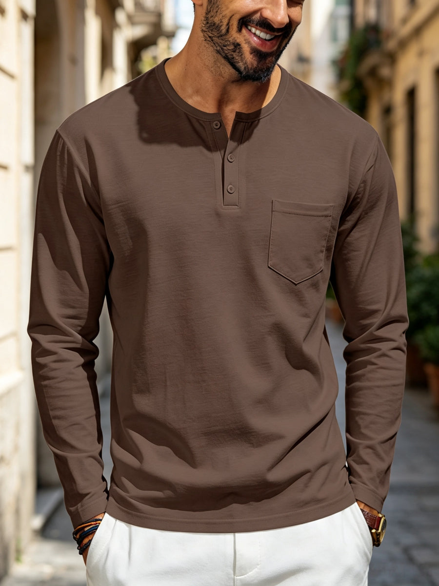 Men's Henley Long Sleeve T Shirts, Solid Color Crew Neck Pullover Tops with Chest Pocket, Breathable Soft Casual Loose Fit Long Sleeve Shirts, All Seasons Basic Undershirt for Daily Commute Outdoor, Versatile Minimalist Men Clothing Multiple Sizes& - Brown