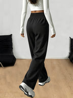 Women's High-Waisted Stretch Straight-Leg Pants - Elegant Loose-Fit Trousers with Pockets, Solid Color Athletic & Casual Wear Suitable for Training, Gym,, Everyday - Machine Washable Comfortable Wide-Leg Pants - Black