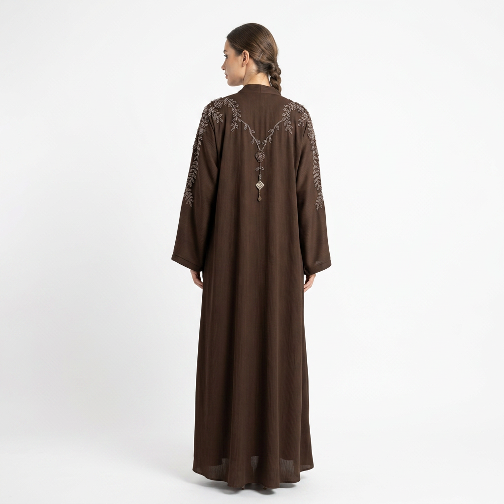 Dark Brown Tonal Leaf Shoulder Pendant Abaya