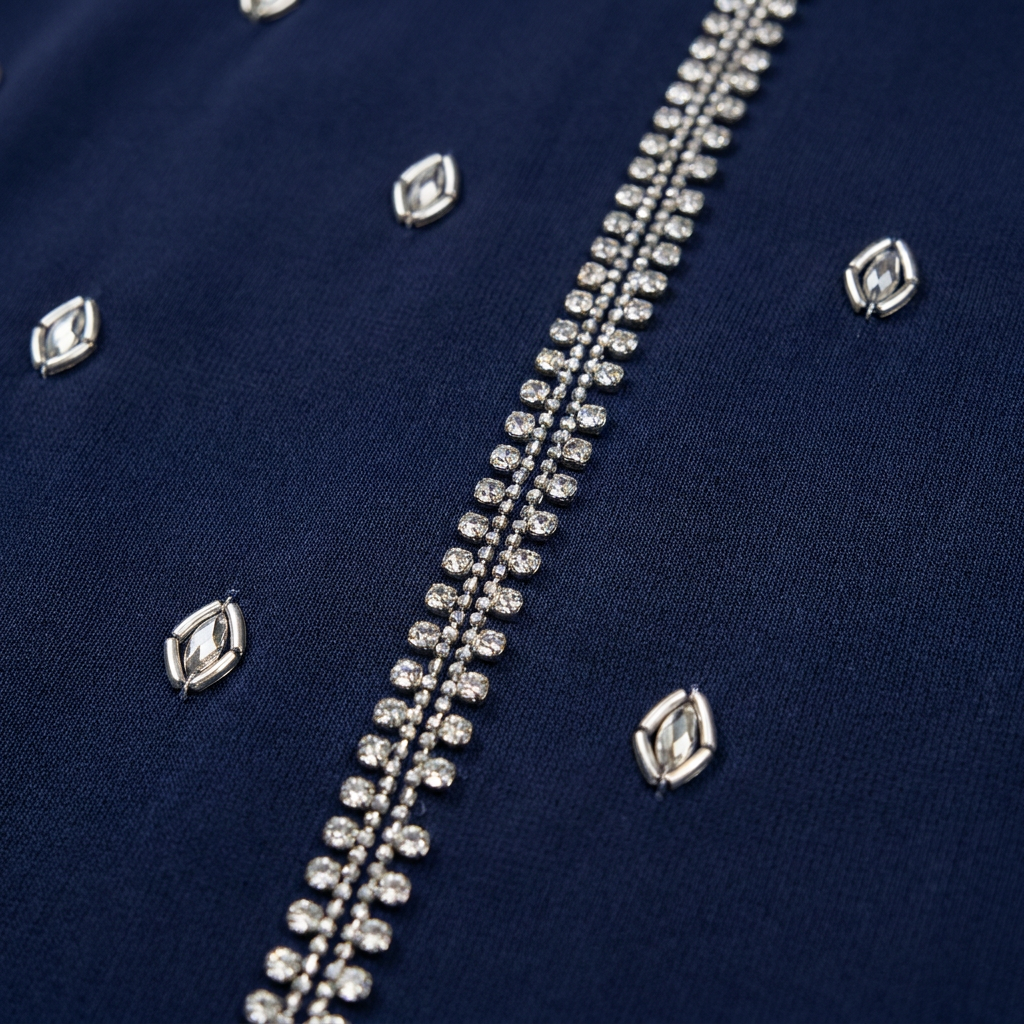 Navy Blue Gold Scattered Motif Crystal Embroidered Open Abaya with Rope Belt