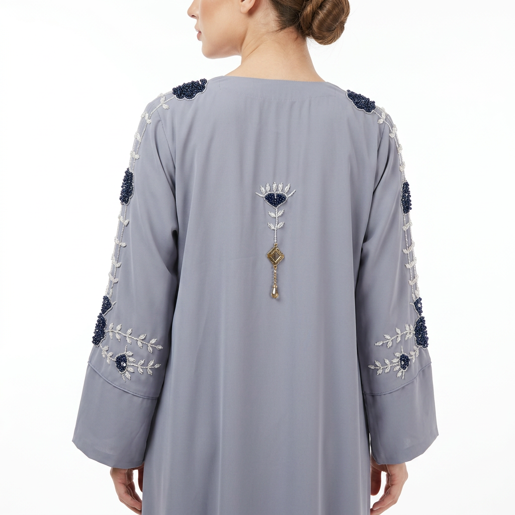 Grey Blue Floral Beaded Abaya