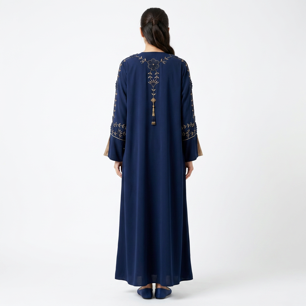 Navy Blue Gold Floral Pearl Abaya
