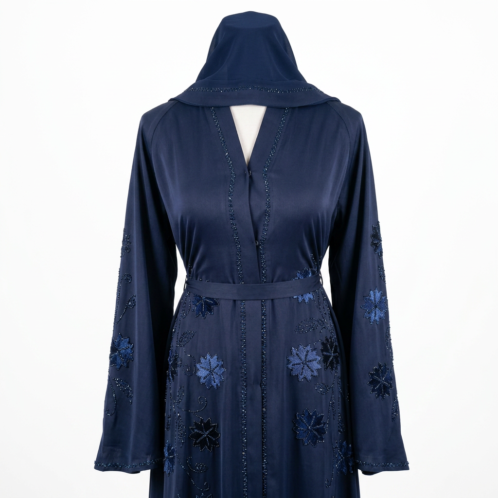 Navy Blue Floral Sequin Embroidered Open Abaya