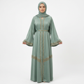 Mint Green Gold Beaded Trim Panel Open Abaya with Belt