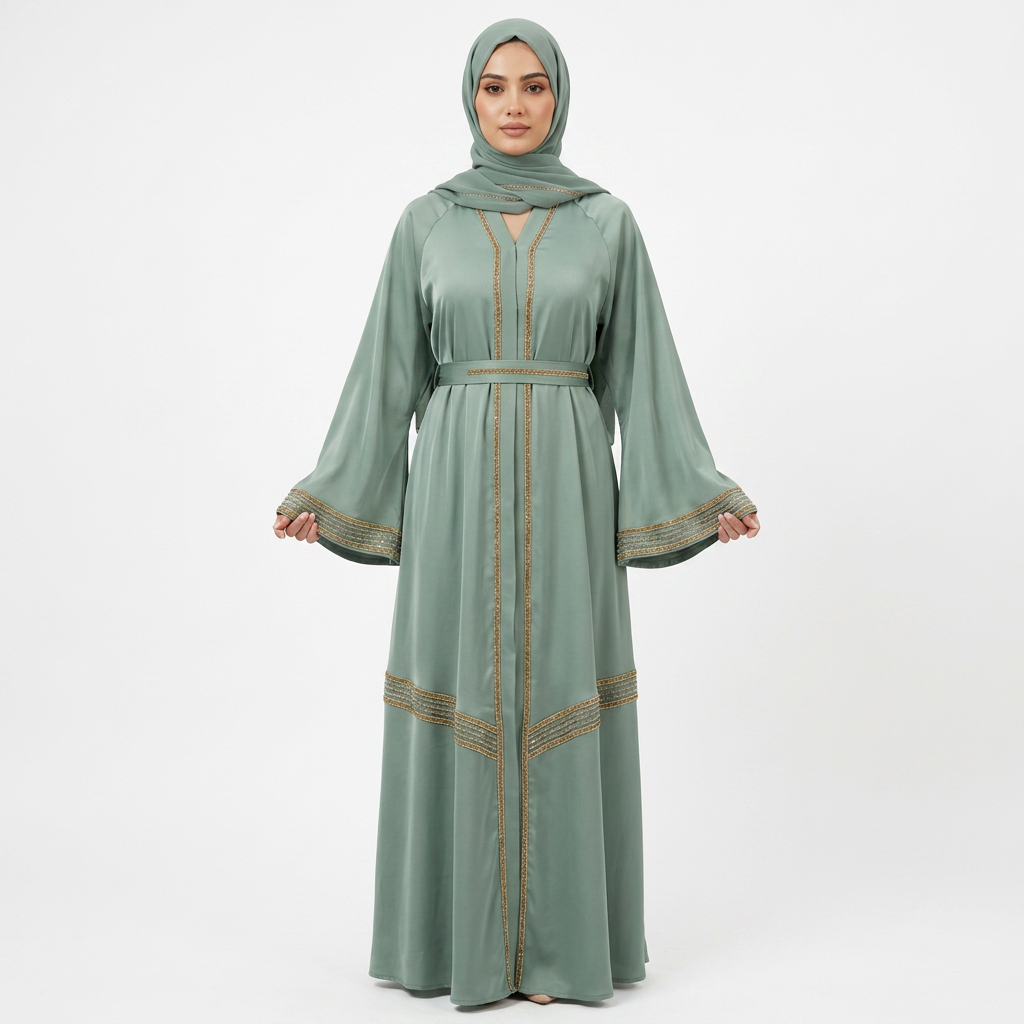 Mint Green Gold Beaded Trim Panel Open Abaya with Belt