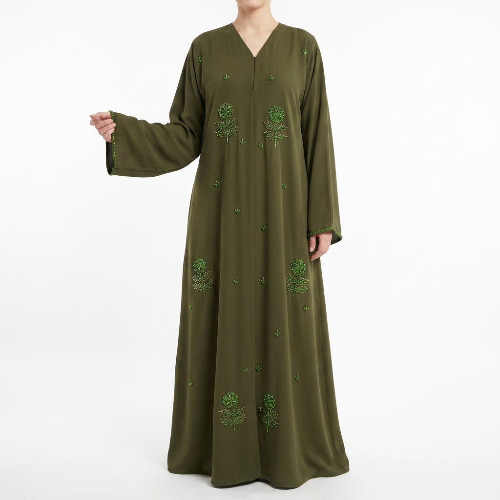 Olive Green Tonal Leaf Tree Scattered Abaya