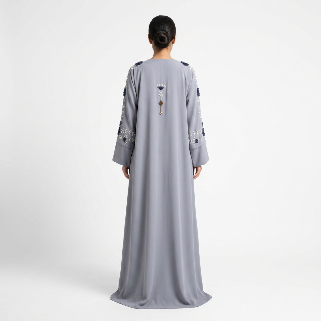Grey Blue Floral Beaded Abaya