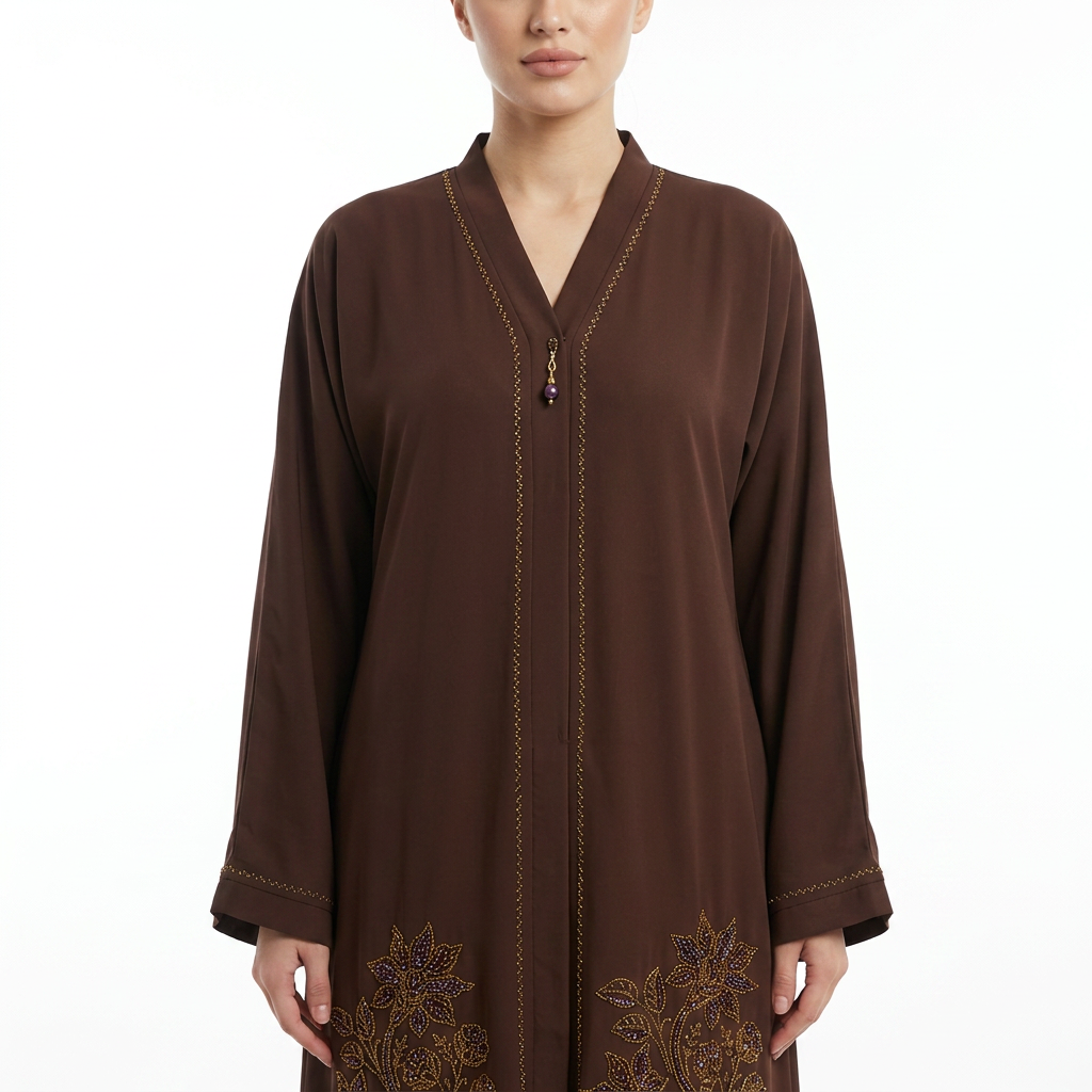 Dark Brown Gold Purple Lily Bouquet Hem Abaya