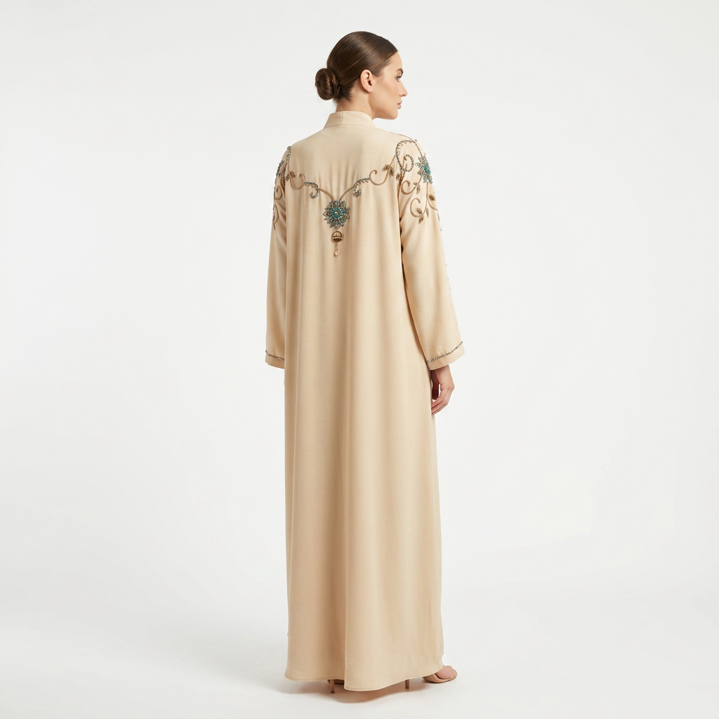 Cream Gold Turquoise Swirl Shoulder Abaya