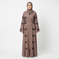 Taupe Black Velvet Leaf Rhinestone Embroidered Zip Front Open Abaya