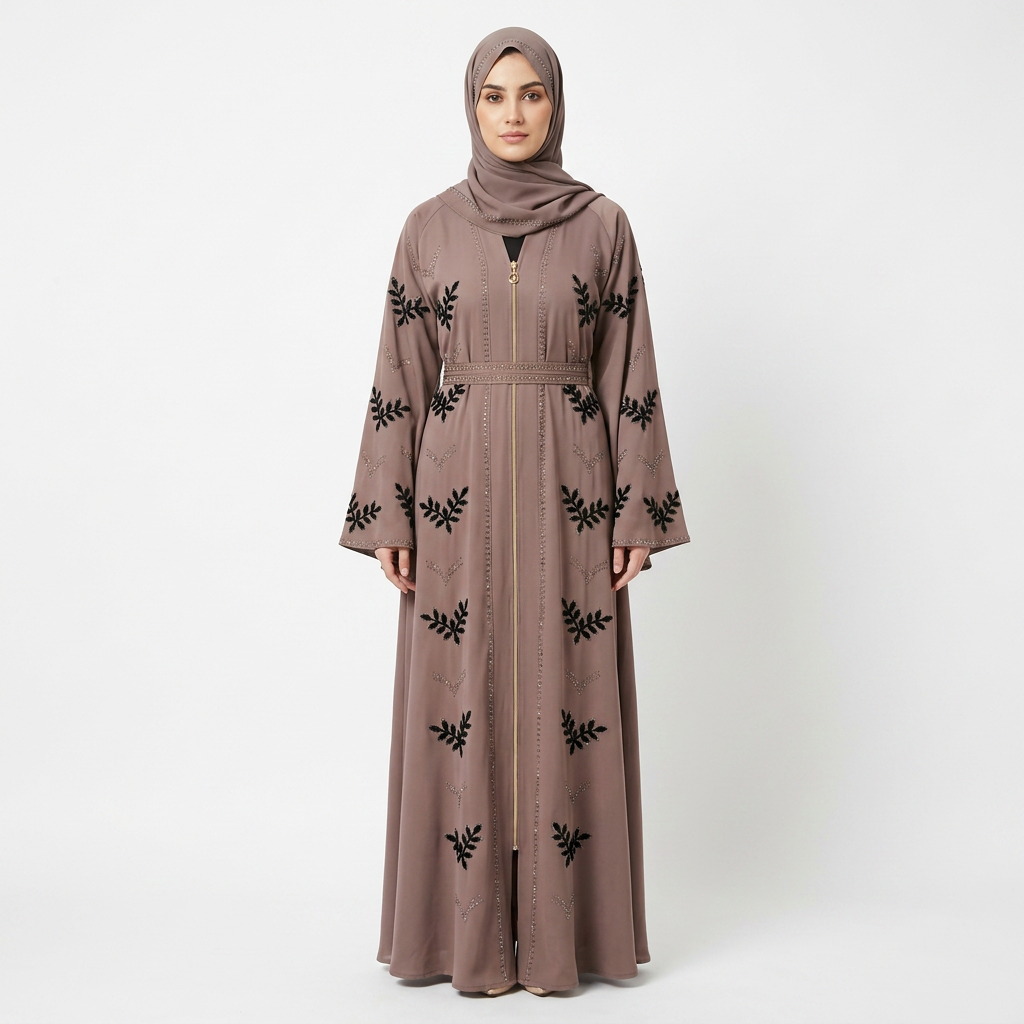 Taupe Black Velvet Leaf Rhinestone Embroidered Zip Front Open Abaya