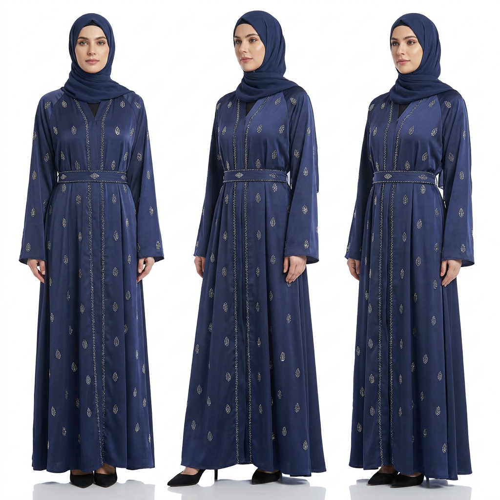 Navy Blue Gold Scattered Motif Crystal Embroidered Open Abaya with Rope Belt