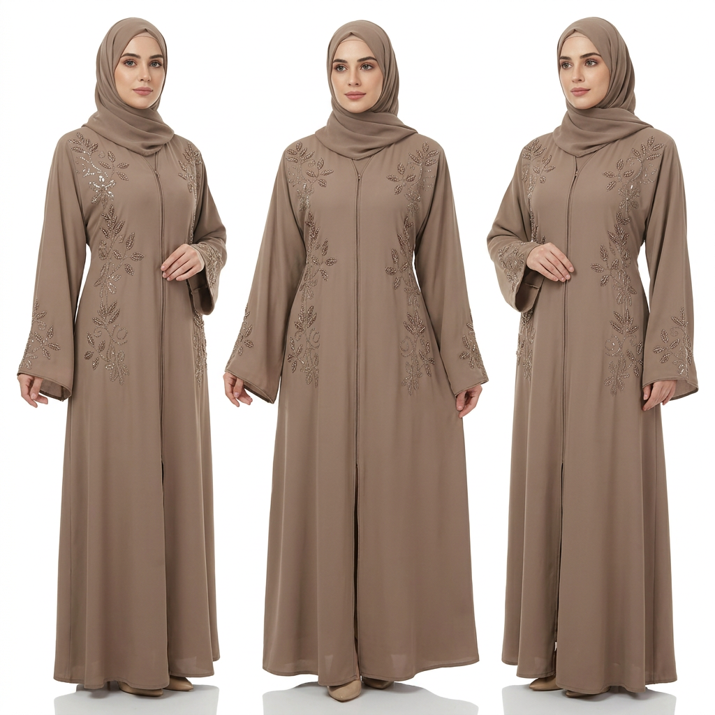 Mocha Brown Gold Leaf Beaded Embroidered Hooded Open Abaya
