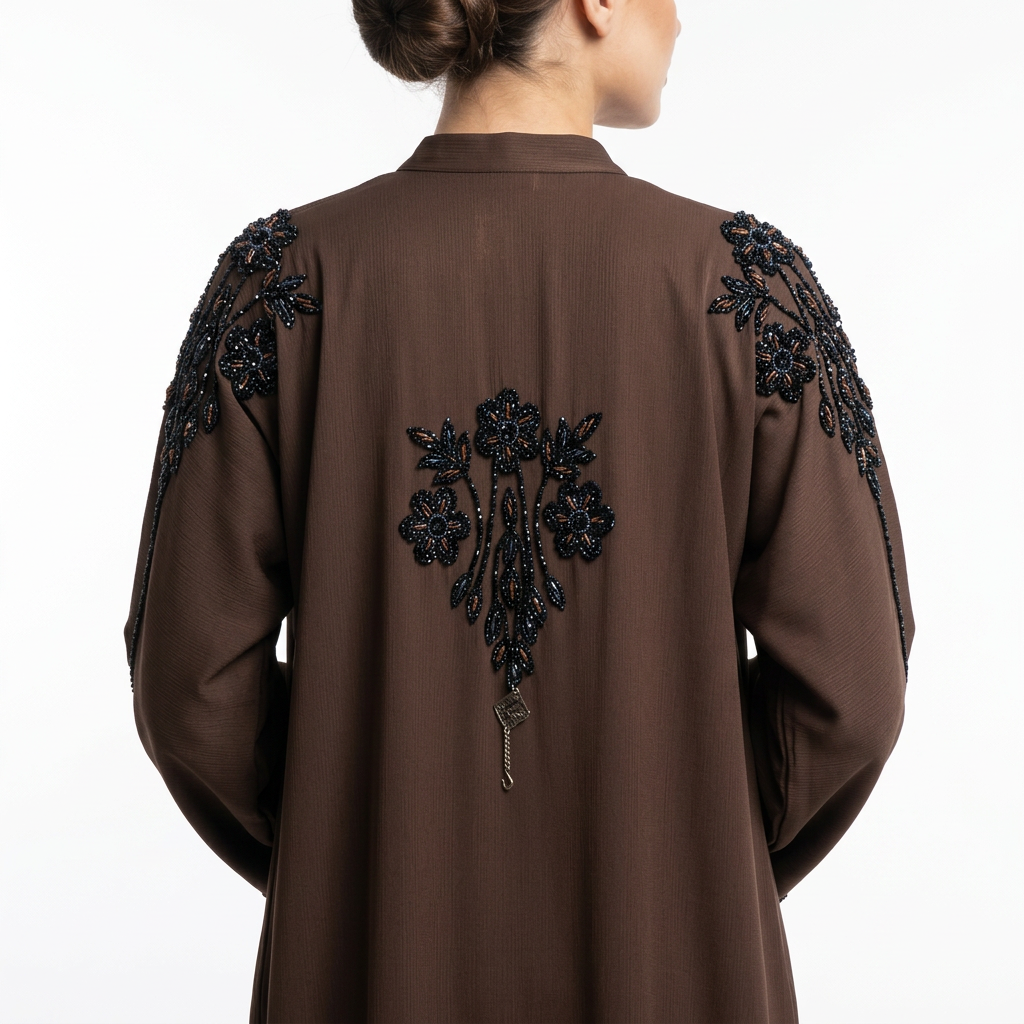 Dark Brown Black Copper Floral Bouquet Shoulder Abaya