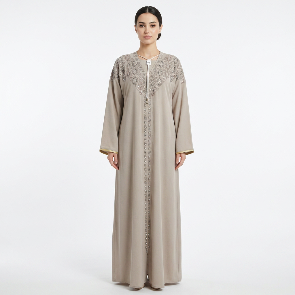 Taupe Silver Crystal Diamond Shoulder Abaya