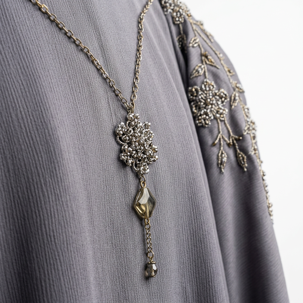 Grey Silver Crystal Floral Shoulder Chain Abaya