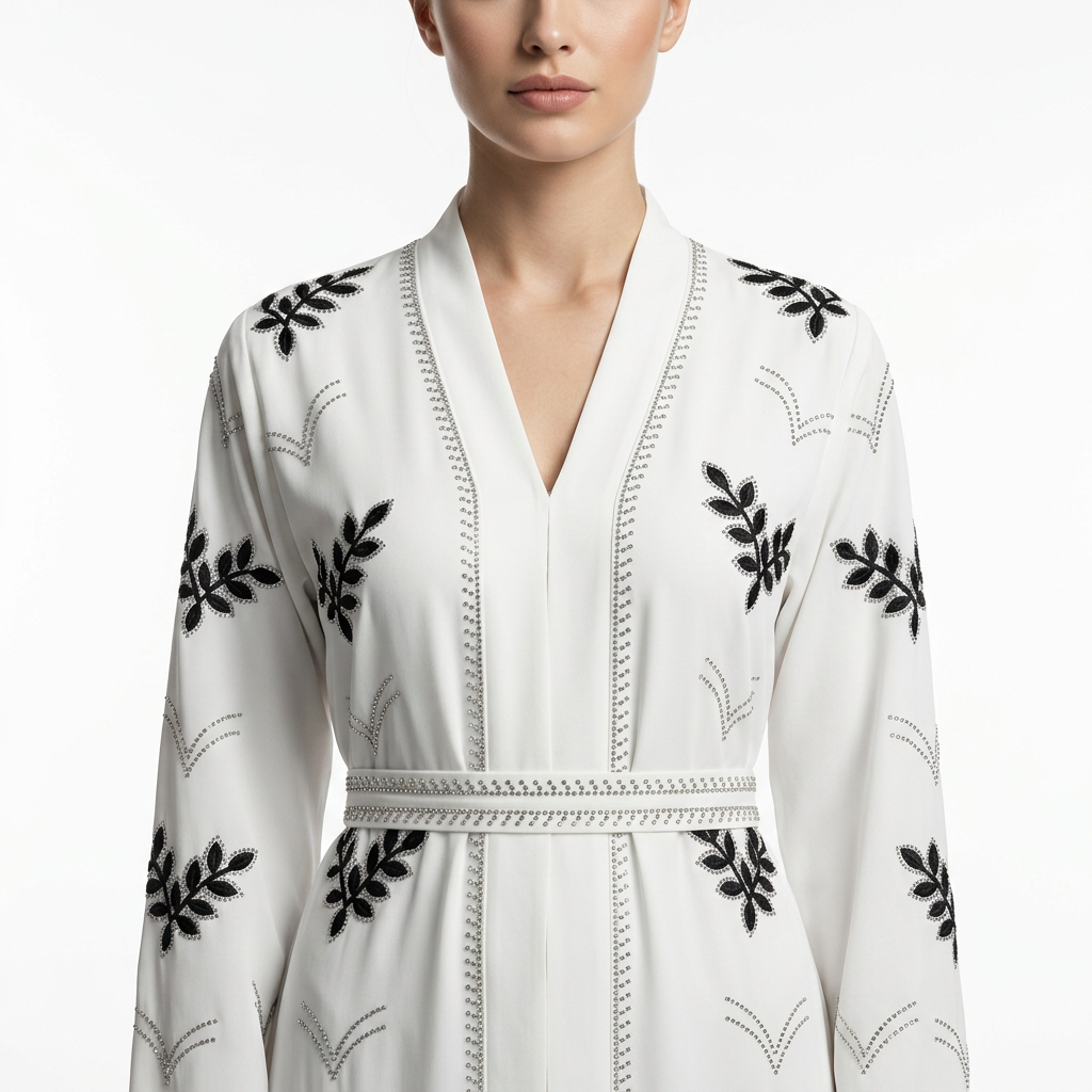 White Black Leaf Embroidered Zip Front Open Abaya with Braided Belt