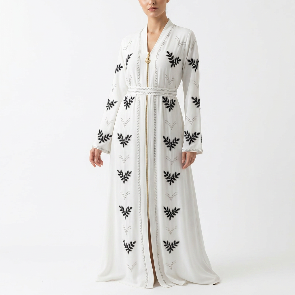 White Black Leaf Embroidered Zip Front Open Abaya with Braided Belt