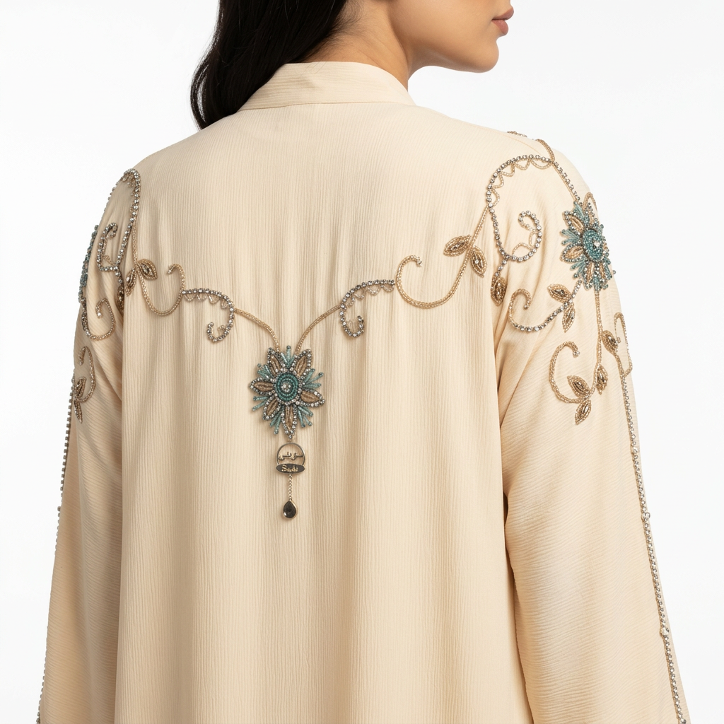 Cream Gold Turquoise Swirl Shoulder Abaya