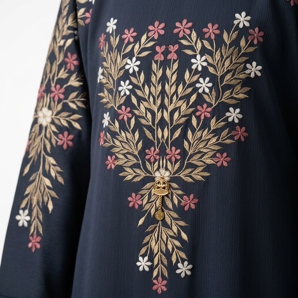 Navy Blue Gold Pink Floral Tree Embroidered Back Abaya