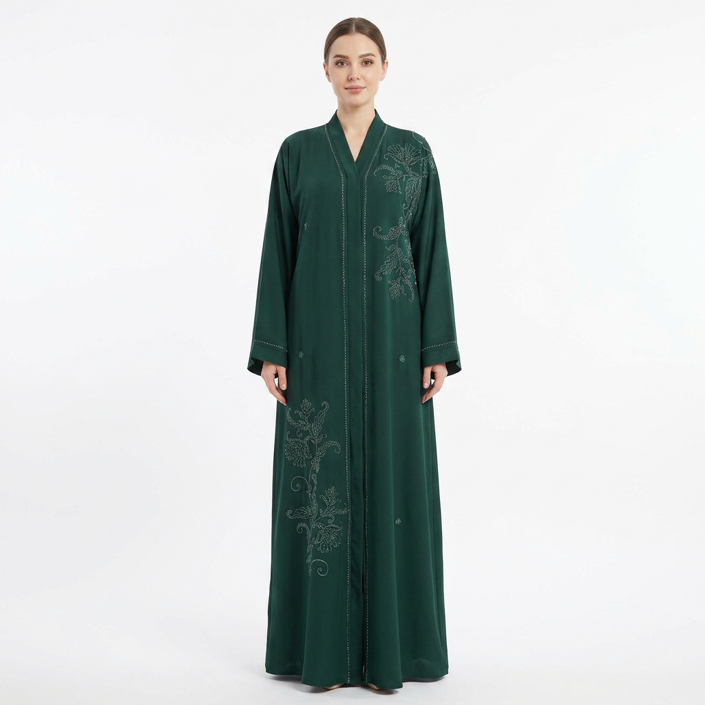 Emerald Green Silver Tonal Paisley Vine Abaya