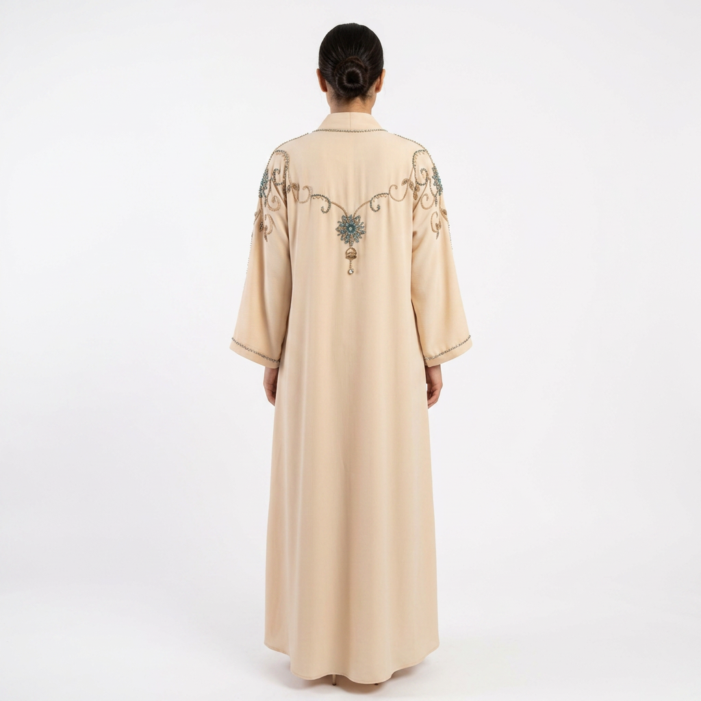 Cream Gold Turquoise Swirl Shoulder Abaya