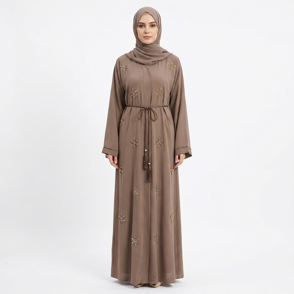 Mink Brown Gold Crystal Starburst Embroidered Open Abaya with Tassel Rope Belt