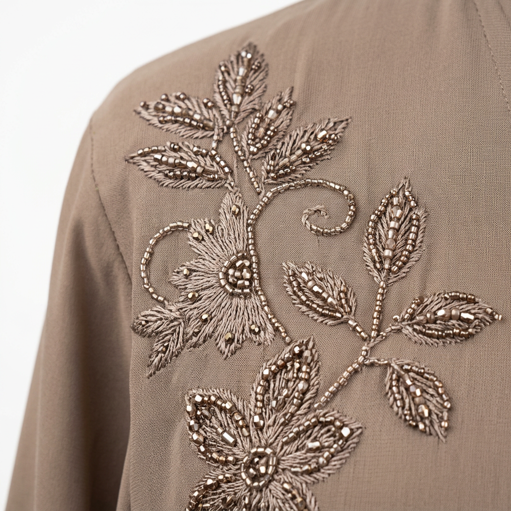 Mocha Brown Gold Leaf Beaded Embroidered Hooded Open Abaya