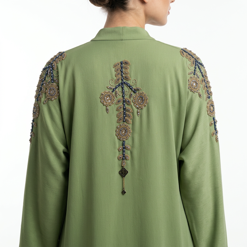 Sage Green Gold Blue Medallion Pendant Abaya