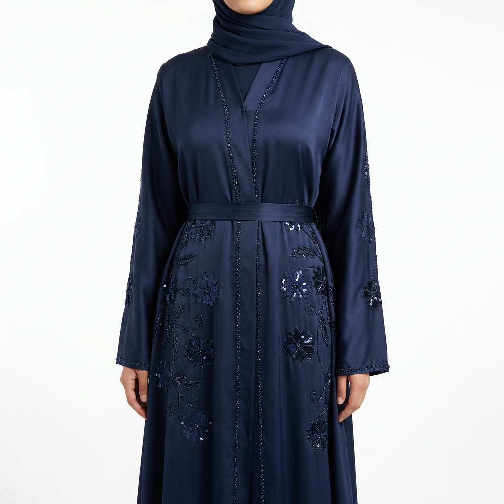 Navy Blue Floral Sequin Embroidered Open Abaya