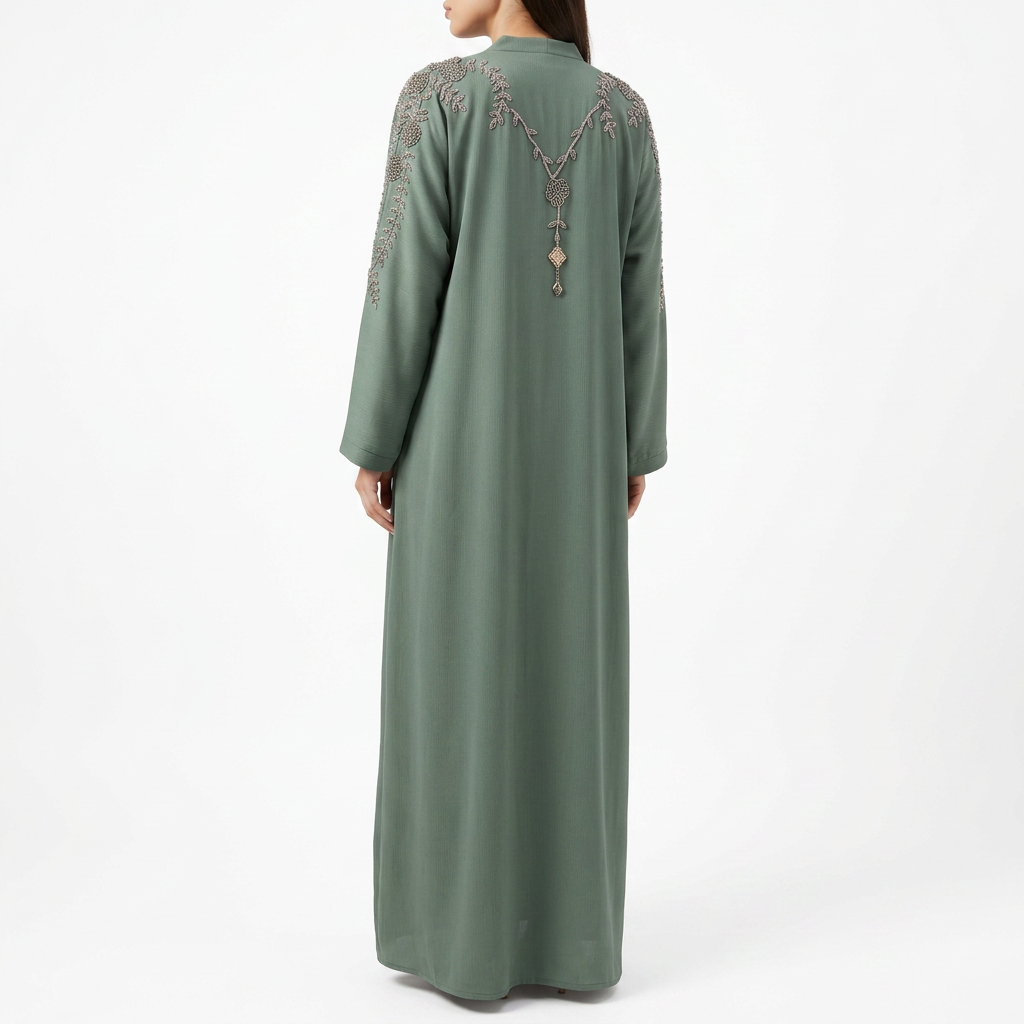 Olive Green Silver Willow Shoulder Pendant Abaya