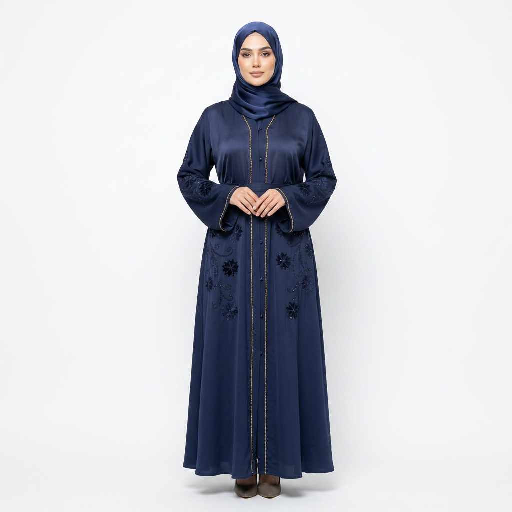 Navy Blue Floral Sequin Embroidered Open Abaya