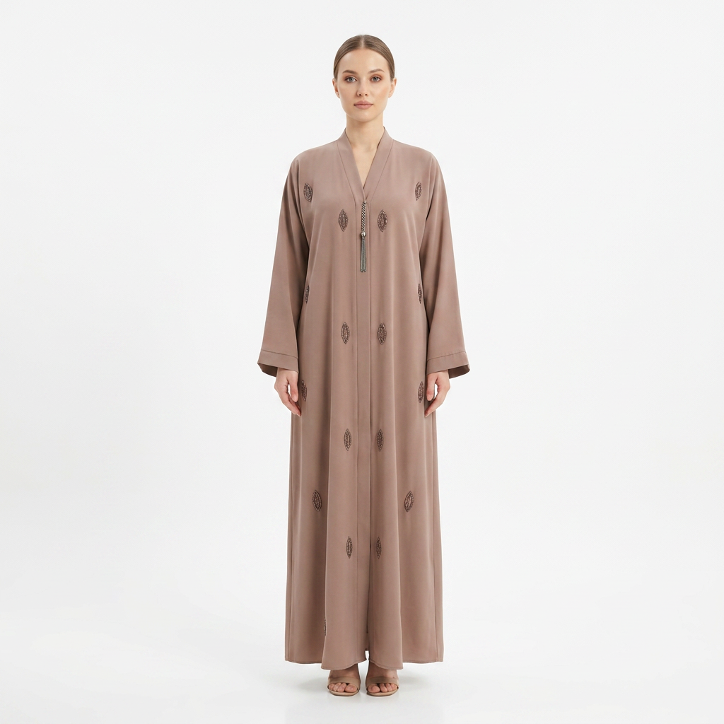 Taupe Brown Silver Crystal Diamond Eye Scattered Abaya