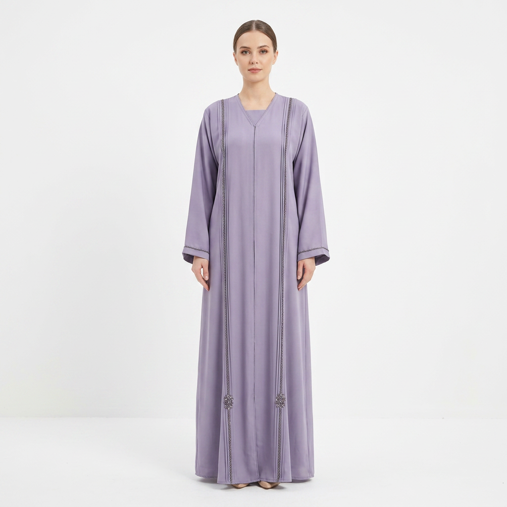 Lilac Purple Crystal Multi Stripe Front Panel Abaya