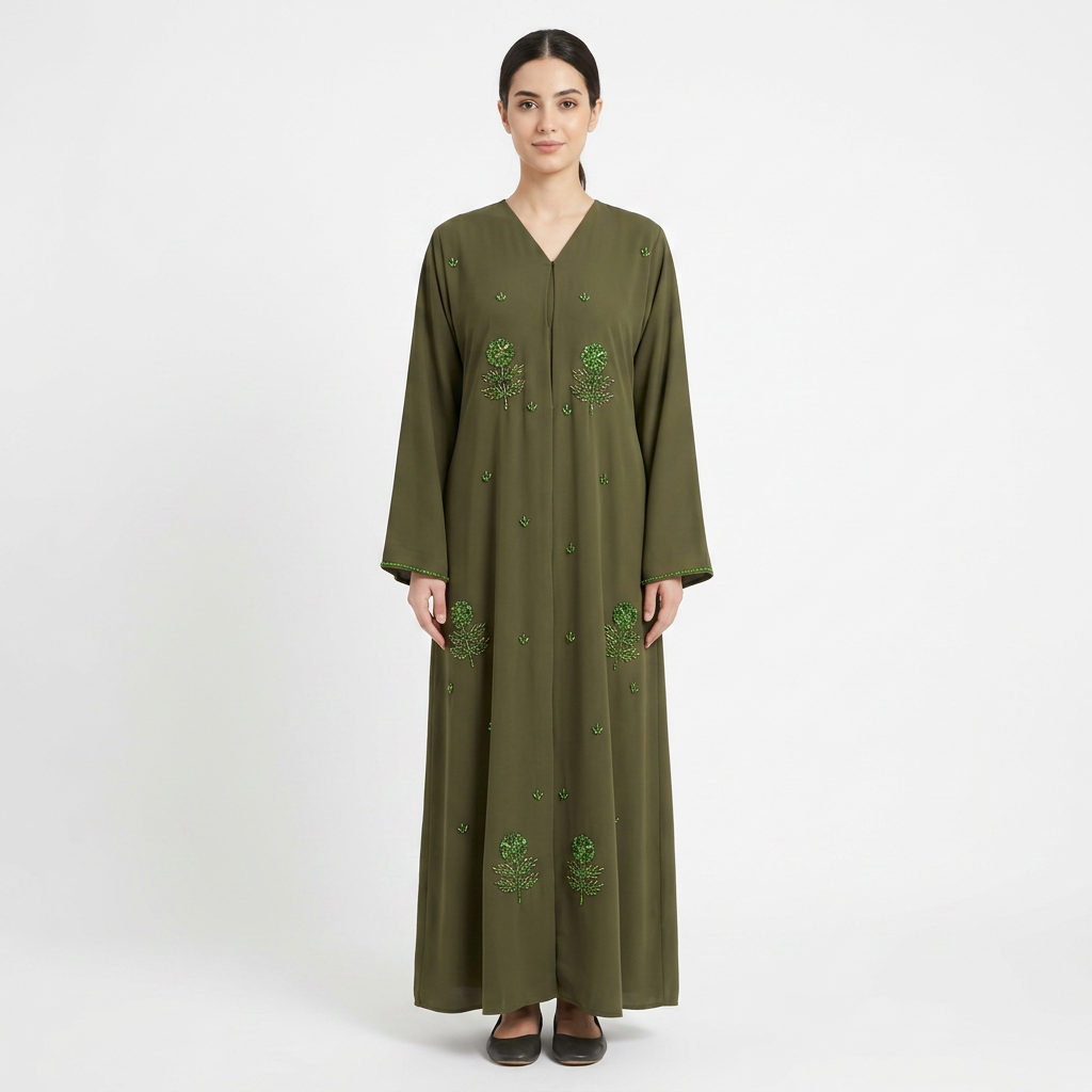 Olive Green Tonal Leaf Tree Scattered Abaya