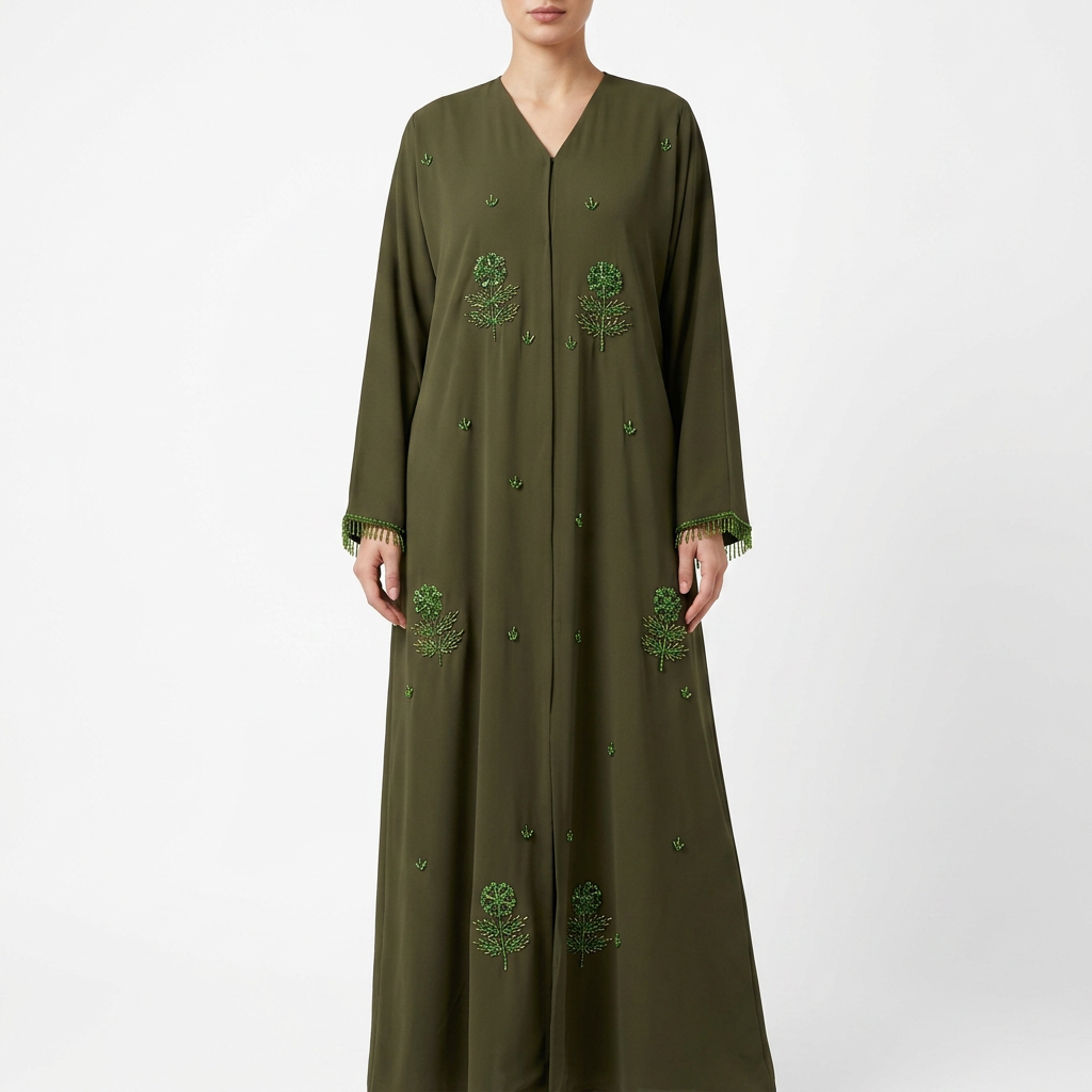 Olive Green Tonal Leaf Tree Scattered Abaya