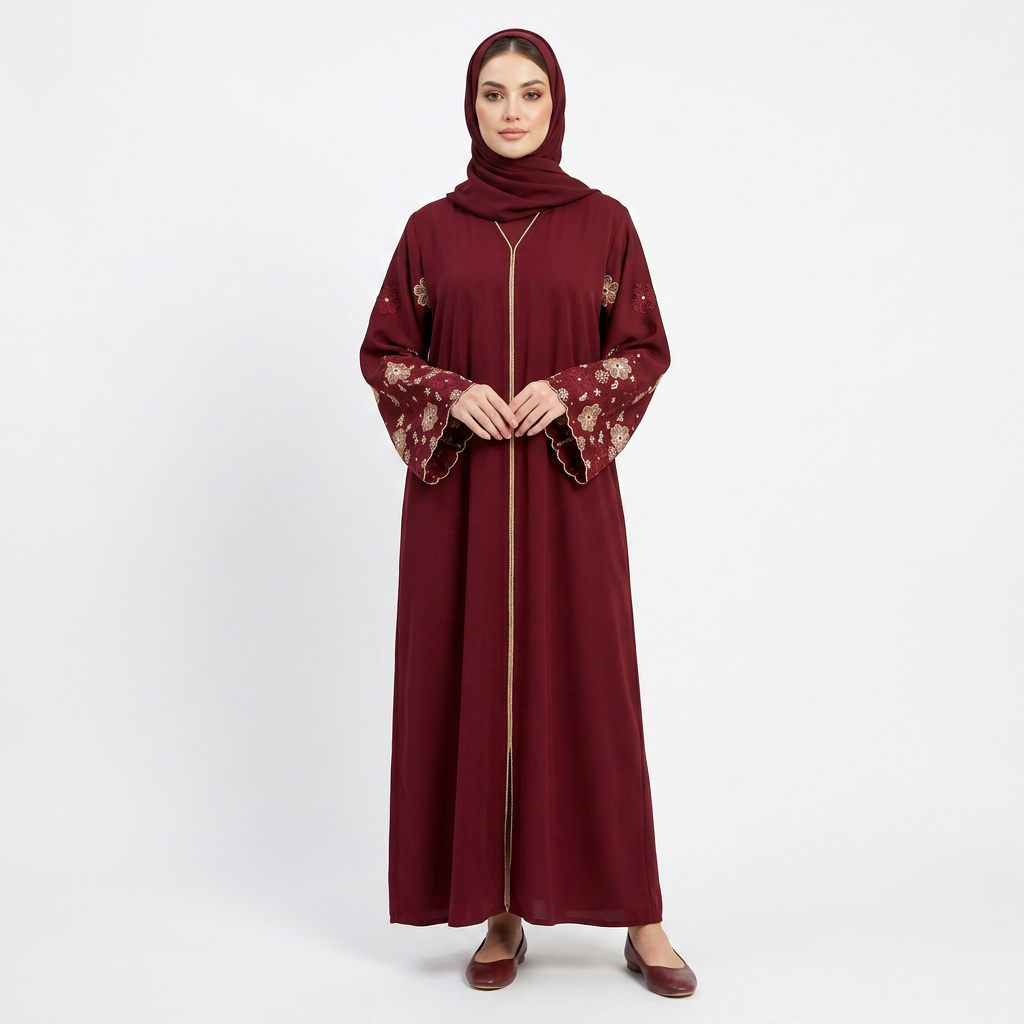 Deep Red Burgundy Gold Floral Sleeve Scallop Abaya