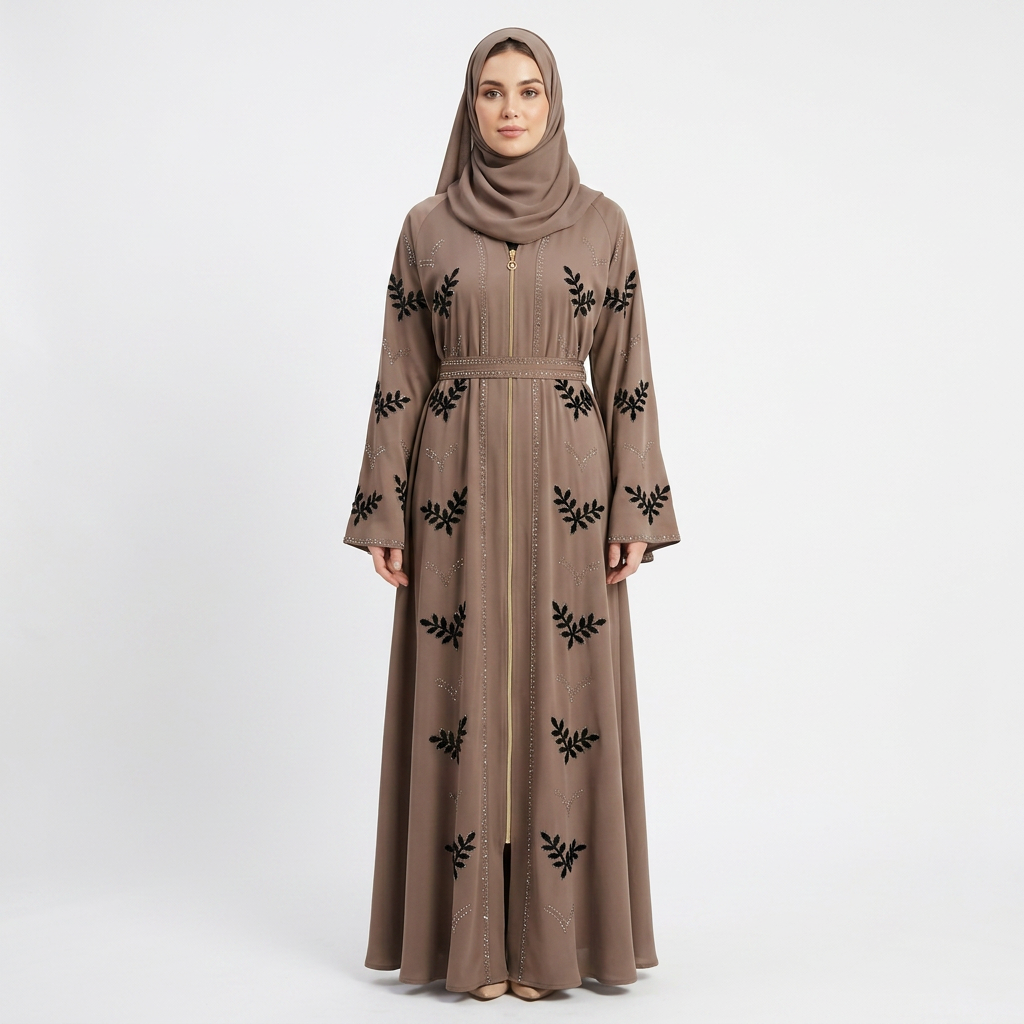 Taupe Black Velvet Leaf Rhinestone Embroidered Zip Front Open Abaya