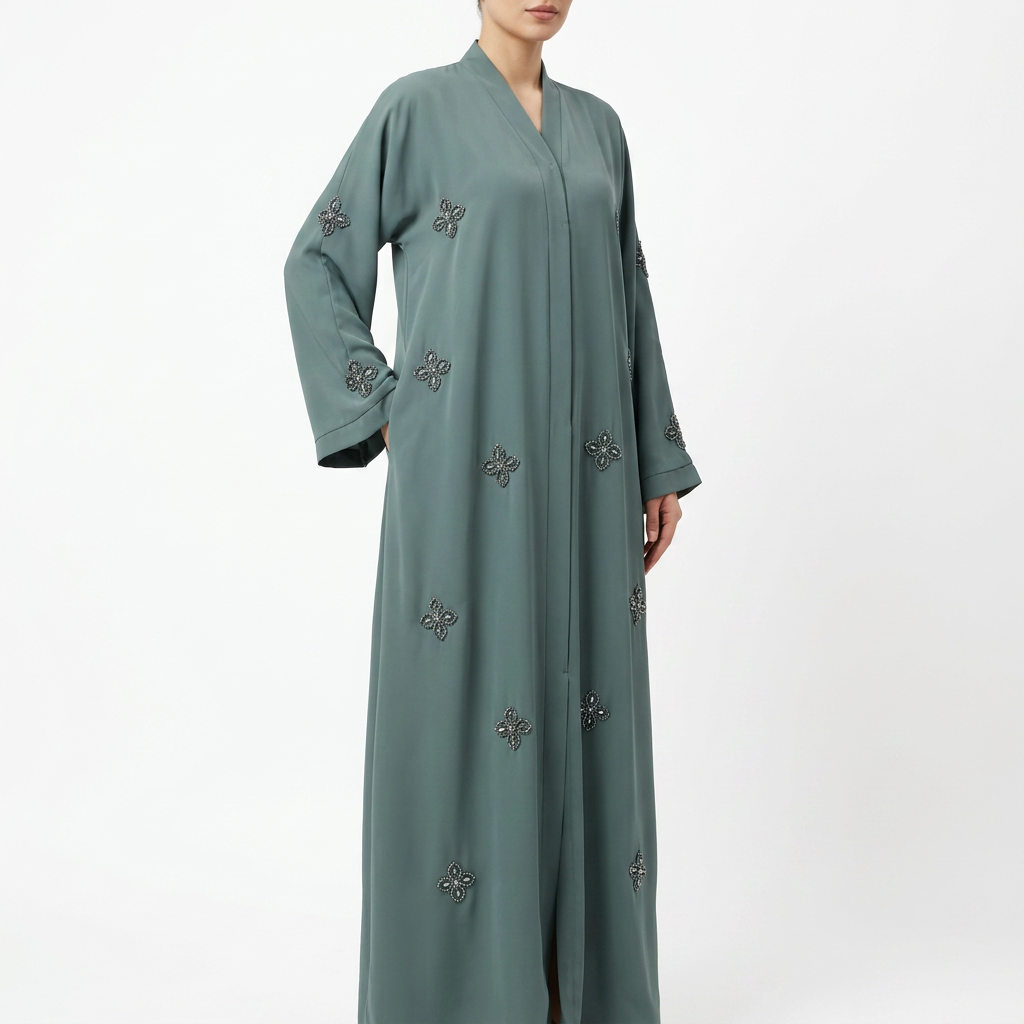 Sage Green Crystal Four Petal Abaya