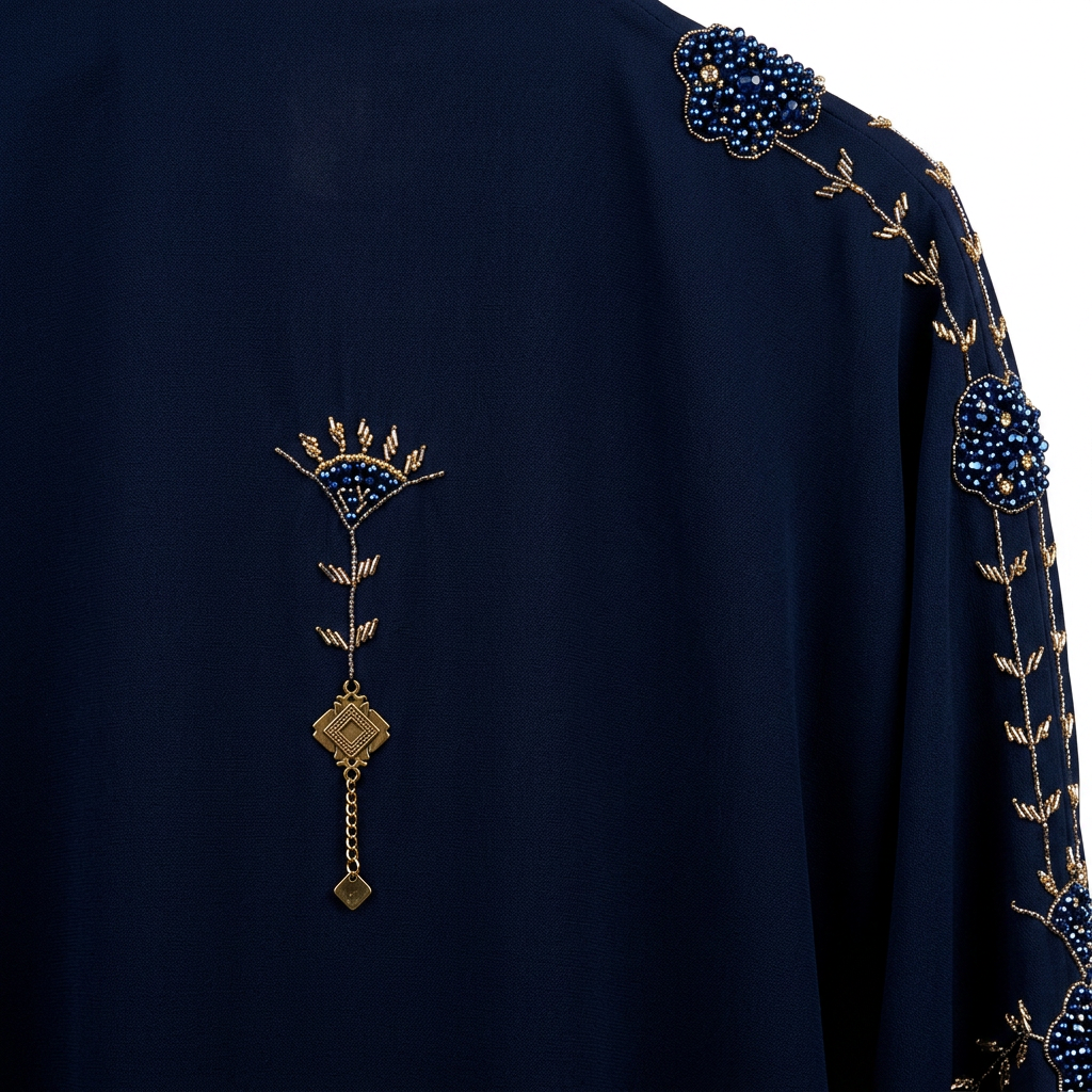 Navy Blue Gold Floral Pearl Abaya