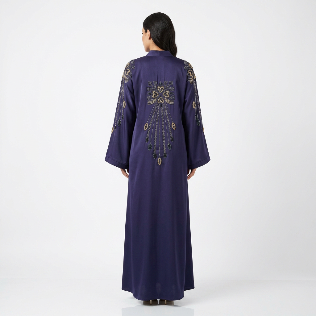 Navy Blue Gold Beaded Chandelier Embroidered Luxury Open Abaya